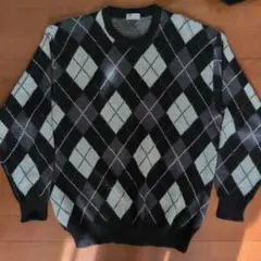 【日本製】ダイヤモンド柄 ウール セーター 黒
