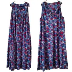 レトロ 花柄 ノースリーブ ワンピース ブルー 総柄 ロング丈 Aライン