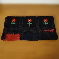 スエード調 パッチワーク ポーチ 花柄刺繍