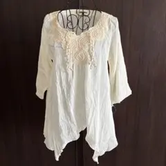 【新品】ホワイト 五分袖チュニック レース装飾　ナチュラルパレット