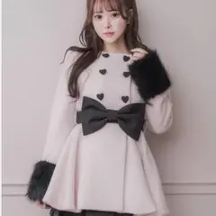 pium ハートボタンリボンベルトシャギーコート ピンク＆エコファー付け襟 pium ハートボタンリボンベルトシャギーコート ピンク＆エコファー付け