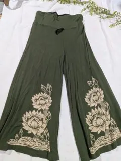 新品アジアン蓮の花プリント ワイドパンツ オリーブグリーンウエストゴム