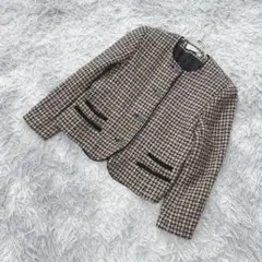 【良品】caribean ノーカラージャケット 千鳥格子柄(7A2)上品 レトロ