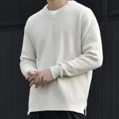 アイボリー　リブ編みVネックニット セーター　L