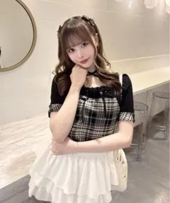 半袖チェック×ボレロ風トップス