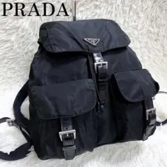 美品 プラダ リュック 三角ロゴプレート ナイロン レザー ブラック