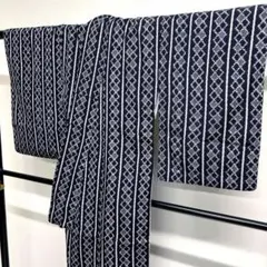 竺仙 紬ゆかた 浴衣反物 キングサイズ 男女 紺地 コーマ 竹格子柄 