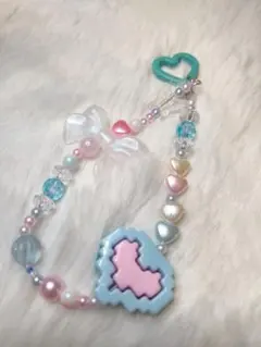 ビーズストラップ　水色♡ピンク♡ハート　ハンドメイド