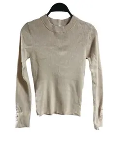 MOUSSY ベージュ パール付きリブ編み 長袖セーター F