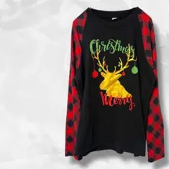 トナカイ柄 クリスマス 長袖 ロンT ブラック レッドチェック サイズL 古着