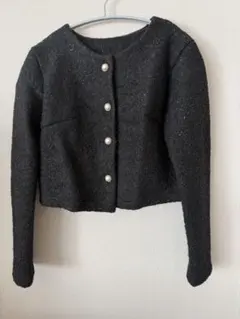 ブラックラメ　ノーカラー　パールボタン　VIS 毛混カットツィードジャケット