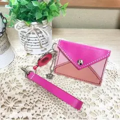 ご確認用 封筒型 キーリール付きパスケース ピンク 小銭入れ コインケース