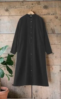 無印良品　リネン洗いざらし長袖シャツワンピース　黒.XL