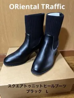 スクエアトゥニットヒールブーツ　ブラック　L