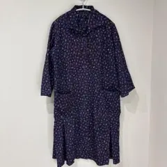 ヴィンテージ 小花柄 ロングワンピース ネイビー 総柄 羽織り レトロ 【L】