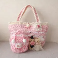 ♡SALE 4/24日まで♡かぎ針編みバッグ 巾着2点セット バラ☆ハンドメイド