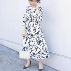 SHIPS フラワープリントロングスリーブVネックワンピース