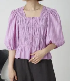 【美品】omekashi ストライプシャーリングブラウス ピンク オメカシのサムネイル