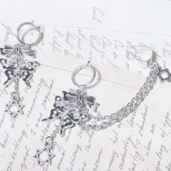地雷イヤリング イヤーカフ 黒蝶々とゆらゆら六芒星 silver y2k