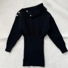 長袖リブニット セーター ロング 丈長め チュニック タートル 黒ブラック無地M