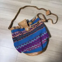 ヴィンテージ ハンドメイド タン本革編み インディーズドローストリング バッグ