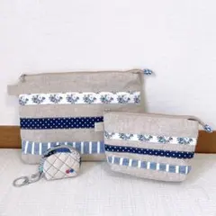 ハンドメイド/花柄ポーチ3点セット 青 ベージュ