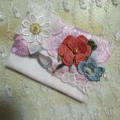 刺繍花柄ポケットティッシュケース、ハンドメイド、ピンク