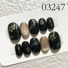N124 ネイルチップ 桜 春ネイル ブラック ゴールド ニュアンス