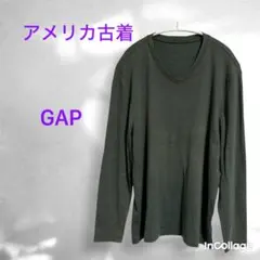 USA古着 GAP Vネック リブカットソー 長袖 カーキ ダークグリーンのサムネイル