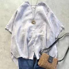 美品 かぐれ リネンノースリーブワイドシャツ ライトグレー リネン100 