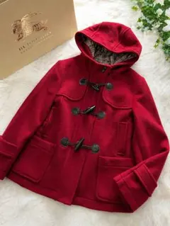 極美品 BURBERRY ダッフル 36 赤 ノバチェック フード付 上質ウール