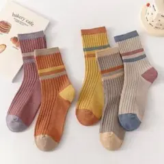 レトロ レディース靴下 5足セット ライン リブソックス 韓国 北欧風 くすみ