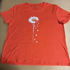オレンジ色の花柄半袖Tシャツ XXL