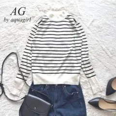 F2【エージーバイアクアガール】リブニット　ハイネック　ボーダー　M