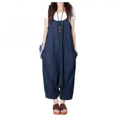 レディース　デニム素材　ロングワンピース　サロペットパンツ　【サイズ：L】
