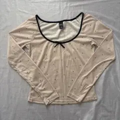 Dazy ドット柄 長袖カットソー ベージュ リボン M