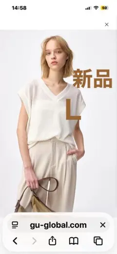 GU ループヤーンVネックT ノースリーブ OFF WHITE L