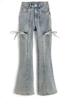 サイドカットアウトリボンフレアデニムパンツ[cu578]