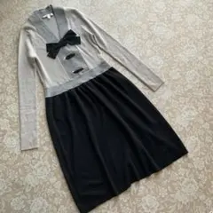 美品　ポールカ　秋〜春上品可愛いお嬢様ニットワンピース M ベージュ×グレー×黒