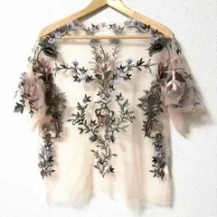 花柄刺繍入り　シースルー　半袖トップス　ピンク　美品　F