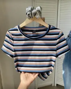 SHEIN Comfortcana カラフルストライプ ニットスキニーTシャツのサムネイル