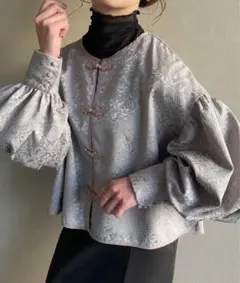 JUNOH ジュノア ジャガードチャイナルーズシャツ　グレー　M 長袖ブラウスのサムネイル