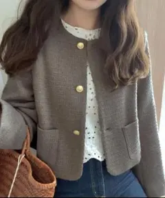 LAUIR ツイード ノーカラージャケット ゴールドボタン M 春ジャケット