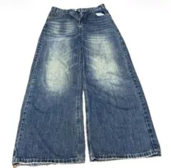 ワイドレッグデニム インディゴブルー フリンジ裾