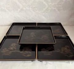 御膳 木製 漆器 松鯉絵 金蒔絵 10客セット 膳 お膳 会席膳 懐石膳 二度塗 アンティーク雑貨 輪島塗 金蒔絵 鯉の図 木製お膳5客セット(漆器