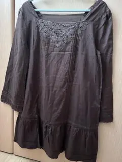 七分袖 ブラウス ダークブラウン 刺繍 レースのサムネイル