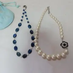 青と白のビーズとパールのネックレスセット