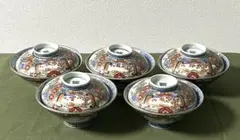 幕末から明治時代 伊万里焼 獅子に牡丹花鳥図 金彩色絵蓋付椀 5客揃い 幕末から明治時代 伊万里焼 獅子に牡丹花鳥図 金彩色絵蓋付椀 5客揃い