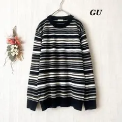 美品 GU ジーユー ニット セーター 長袖 マルチボーダー リブ グレー系 S