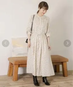 クリーム色 ドット柄 長袖 シャツワンピース